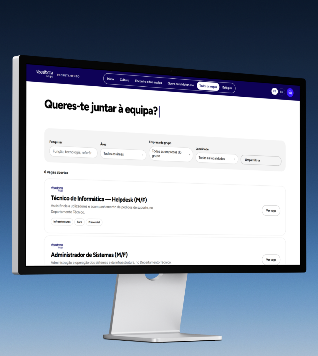 Ecrã com a lista de vagas abertas do site de recrutamento do grupo